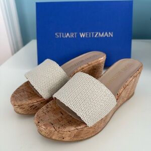 NIB Stuart Weitzman Cream Woven Cork Wedge Slide Sandals